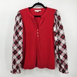 LOFT Red Ribbed Knit‎ Top Plaid Bishop Sleeves Blouse Women's Size L